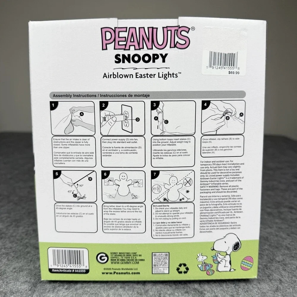 Gemny 3.5 Ft NEW Snoopy Inflatable Airblown Bunny Ears Easter Egg Decorations - Picture 3 of 4